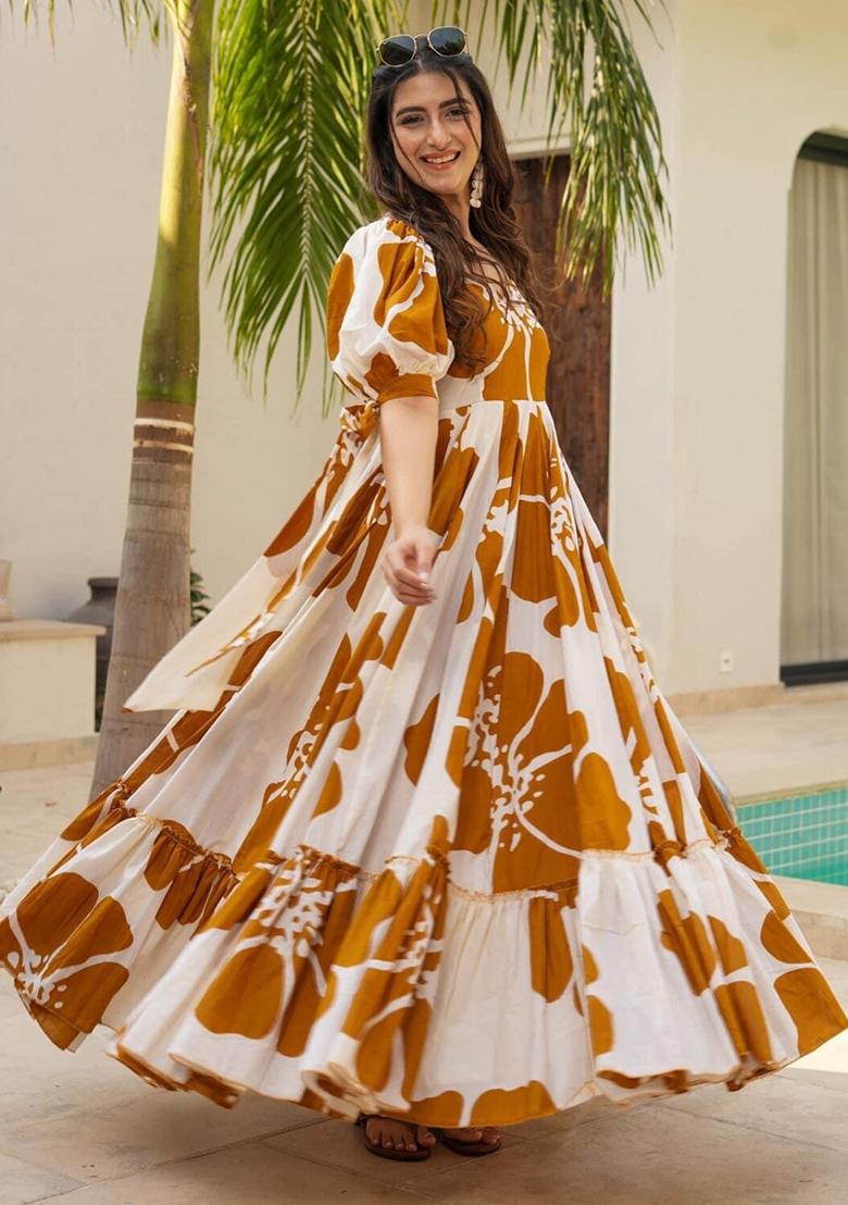 Brown Printed Rayon Dress