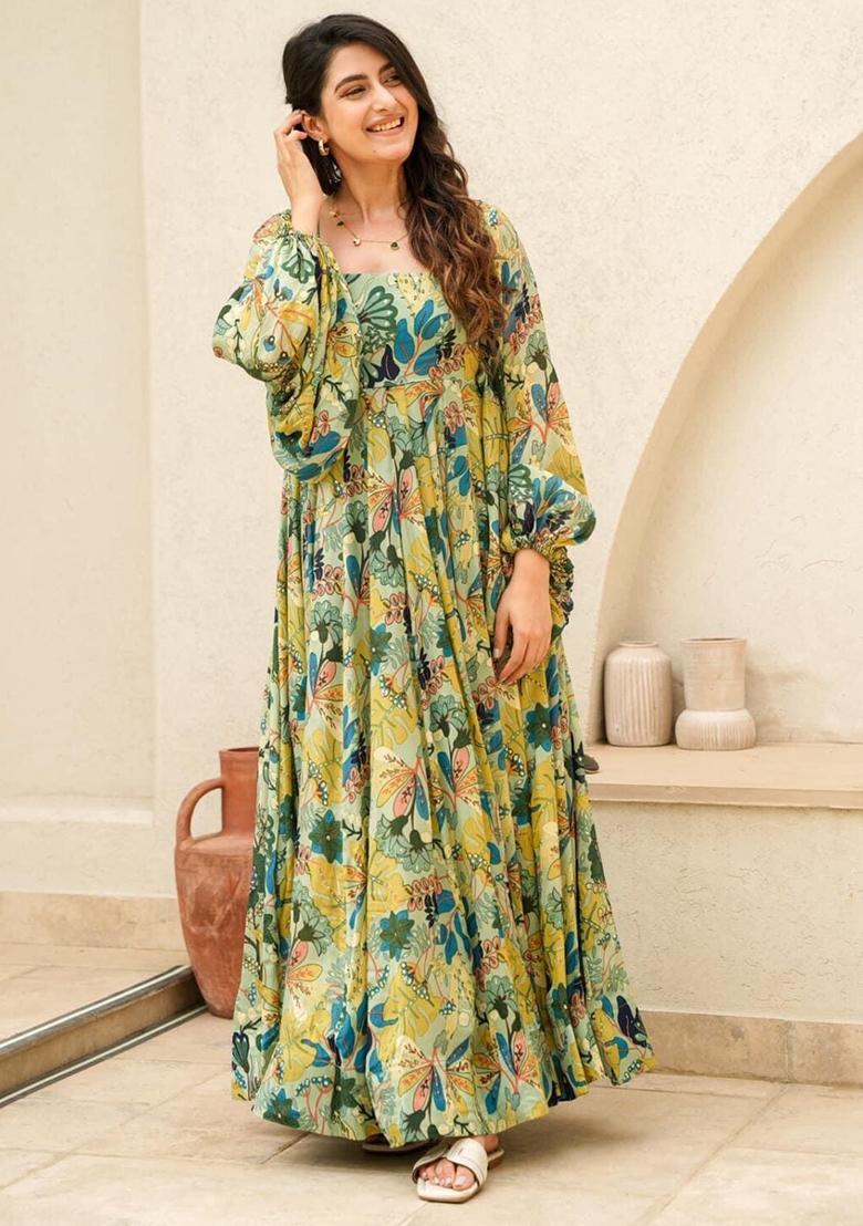 Green Printed Rayon Dress
