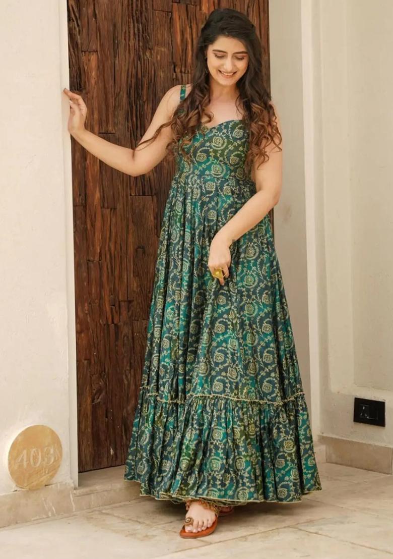 Green Floral Print Rayon Dress