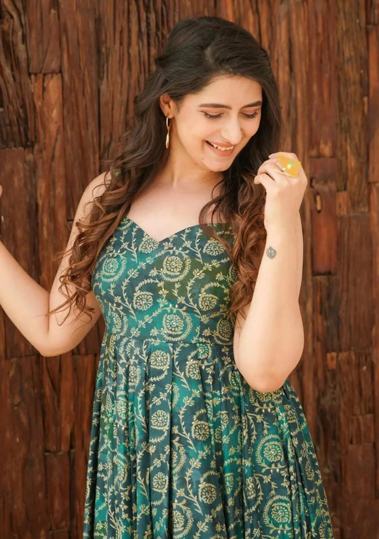 Green Floral Print Rayon Dress