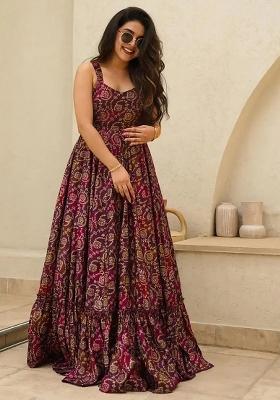 Wine Floral Print Rayon Dress