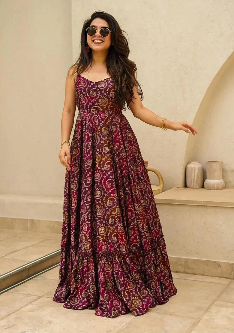 Wine Floral Print Rayon Dress