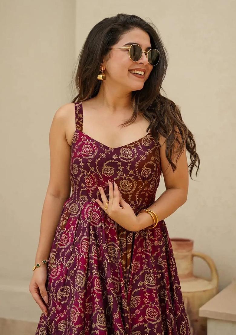 Wine Floral Print Rayon Dress