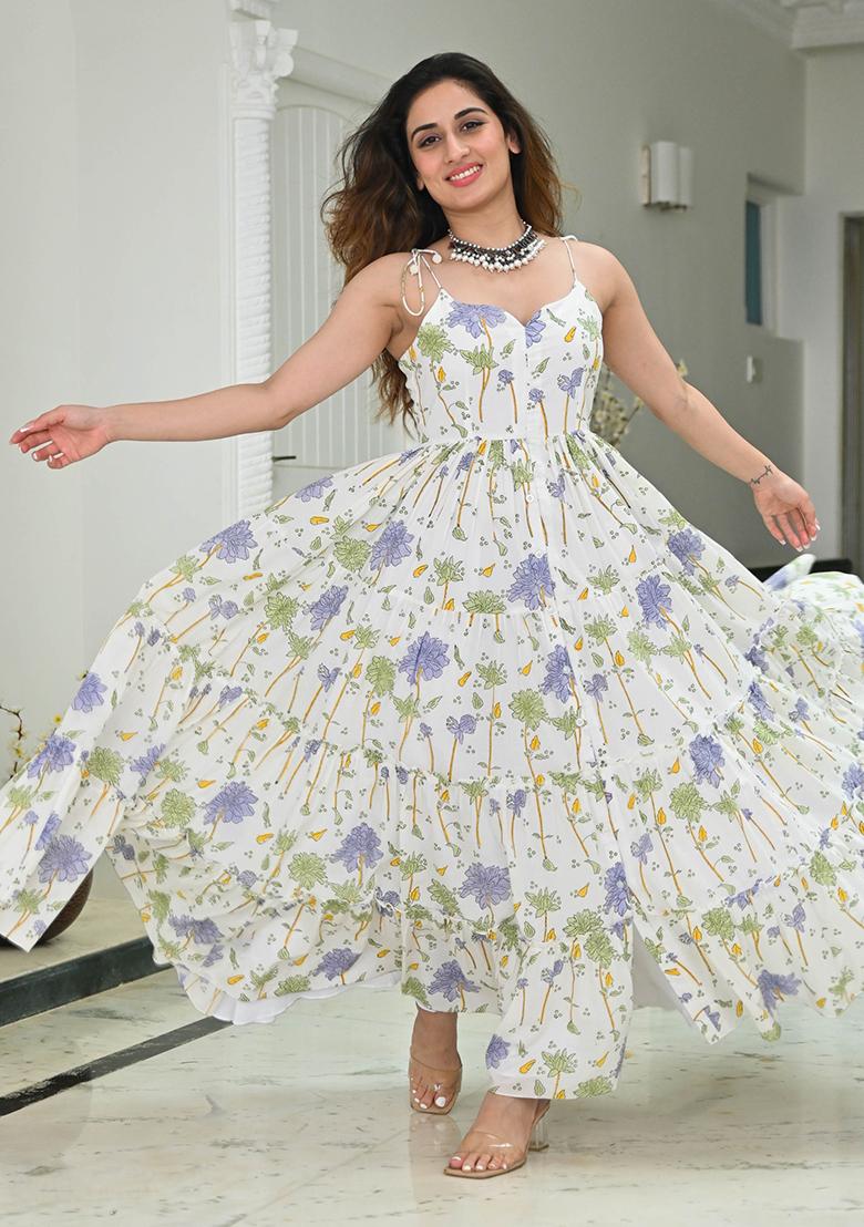 White Floral Print Rayon Dress