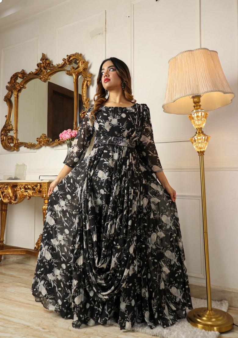 Black Digital Printed Georgette Dress