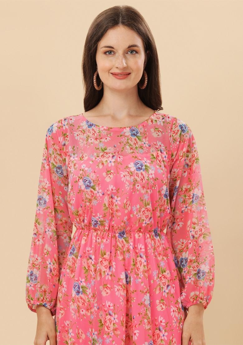 Pink Digital Printed Georgette Dress