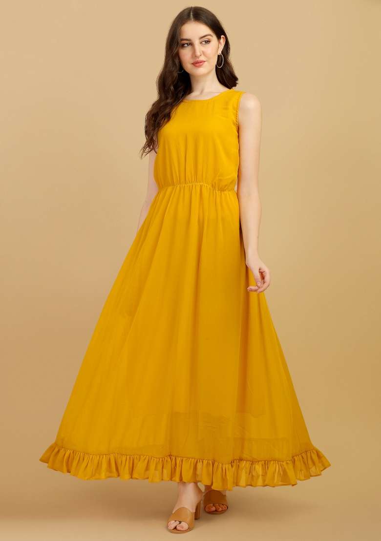 Yellow Solid Georgette Gown - Indya