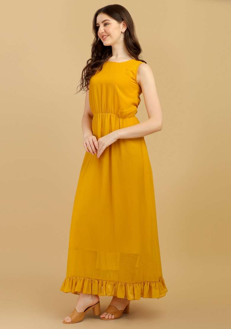 Yellow Solid Georgette Gown - Indya
