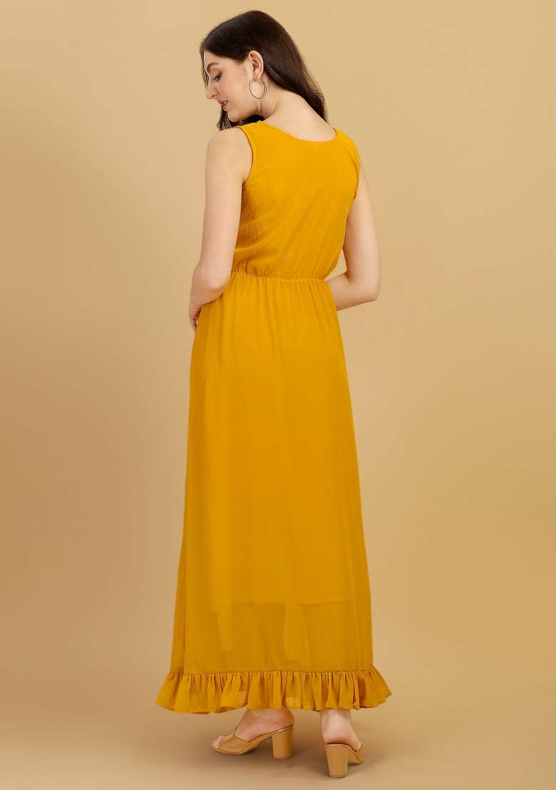 Yellow Solid Georgette Gown - Indya