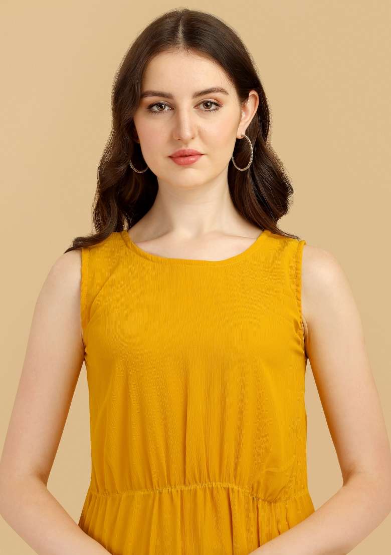 Yellow Solid Georgette Gown - Indya