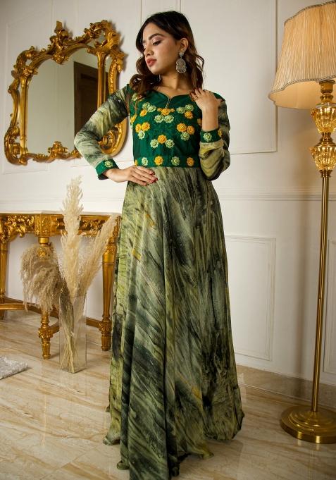 Green Embroidered Chiffon Anarkali