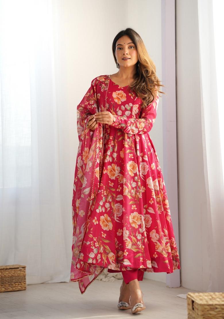 Pink Printed Organza Silk Anarkali Set With Dupatta