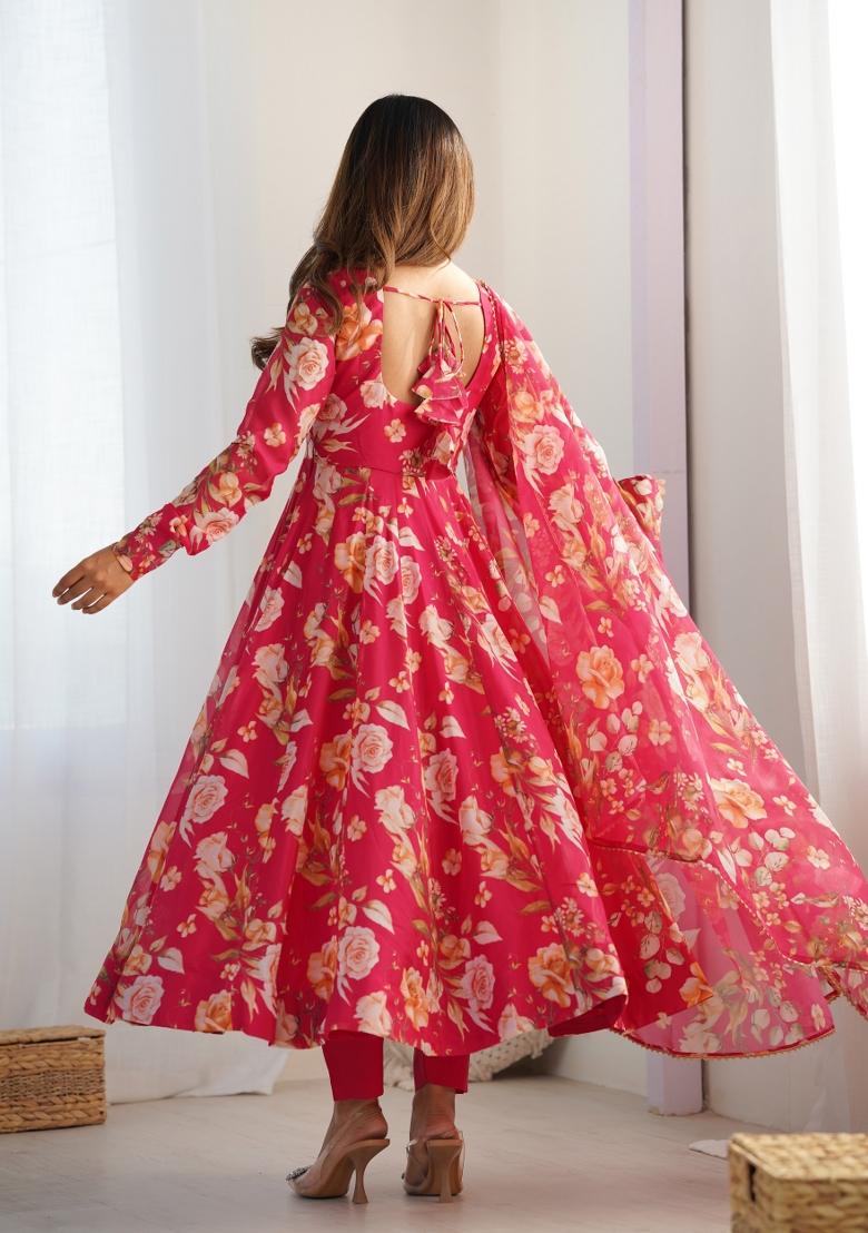 Pink Printed Organza Silk Anarkali Set With Dupatta