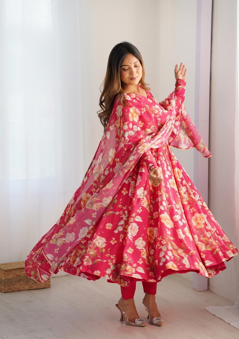 Pink Printed Organza Silk Anarkali Set With Dupatta