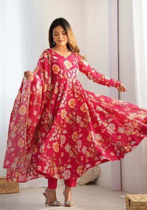 Pink Printed Organza Silk Anarkali Set With Dupatta
