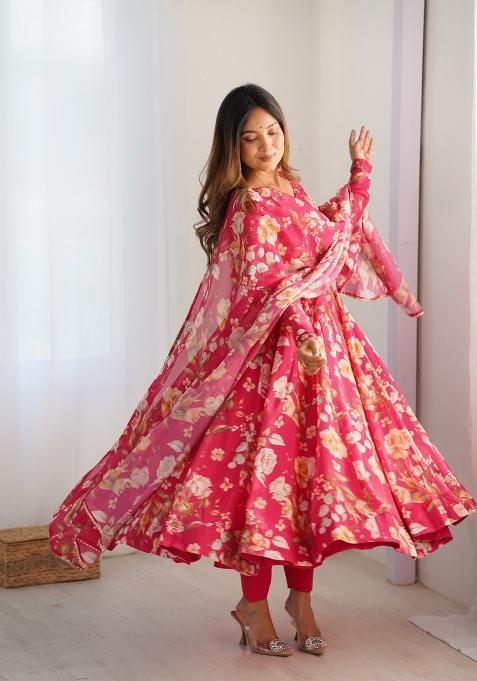 Pink Printed Organza Silk Anarkali Set With Dupatta