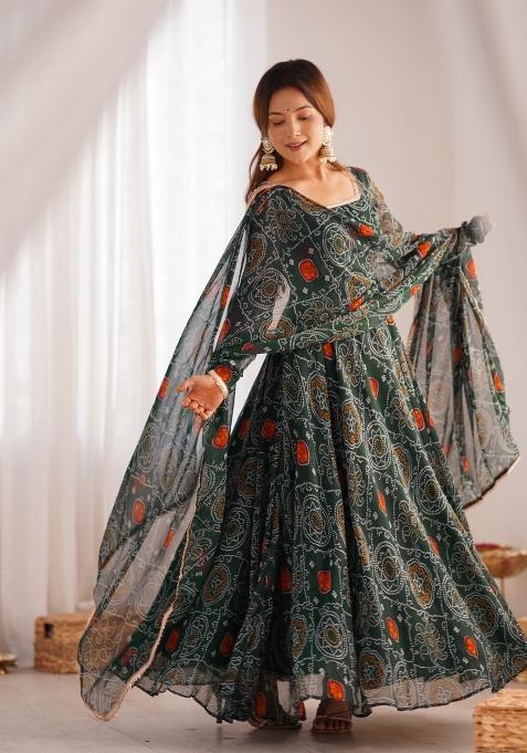 Green Printed Chiffon Silk Anarkali Set With Dupatta