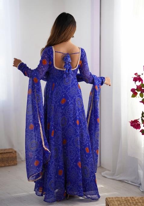Blue Printed Chiffon Silk Anarkali Set With Dupatta