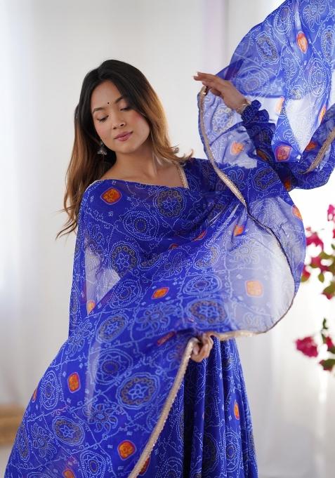 Blue Printed Chiffon Silk Anarkali Set With Dupatta