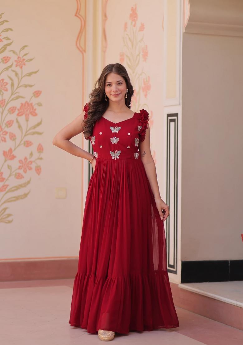 Maroon Beads Embroidered Georgette Gown