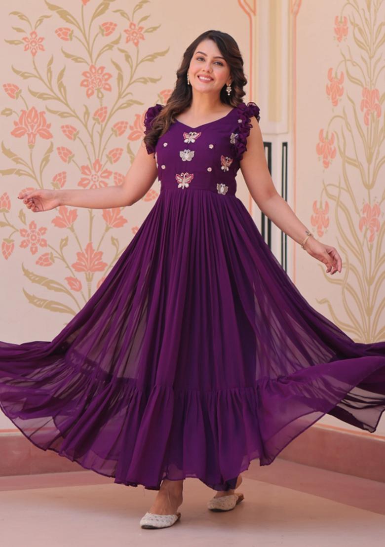 Purple Beads Embroidered Georgette Gown