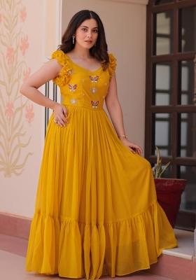 Yellow Beads Embroidered Georgette Gown