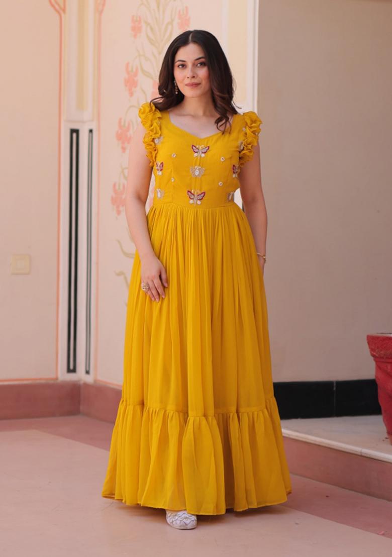 Yellow Beads Embroidered Georgette Gown