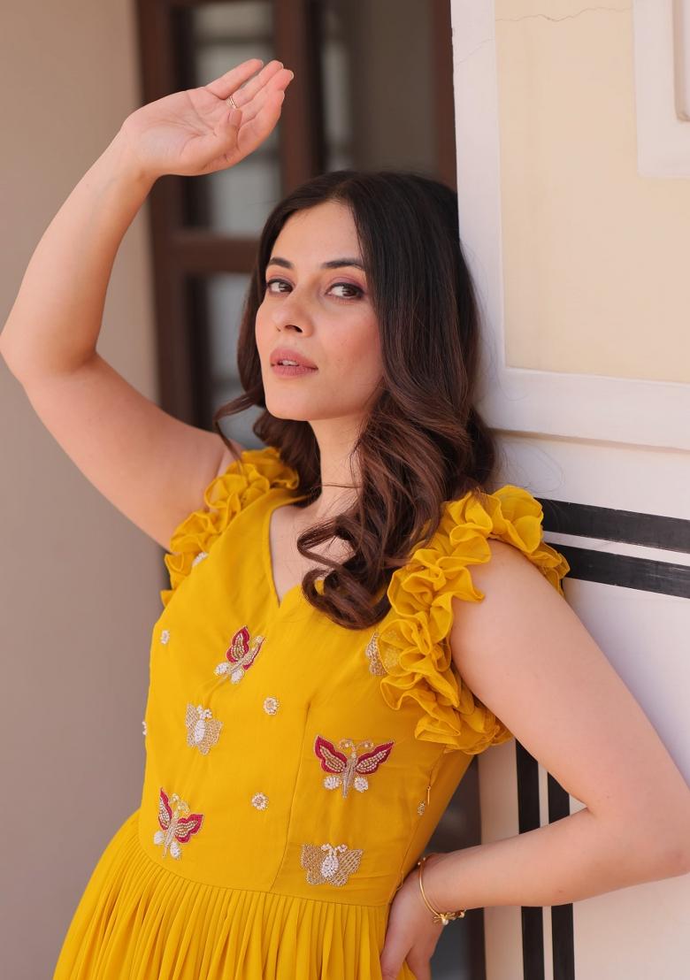 Yellow Beads Embroidered Georgette Gown