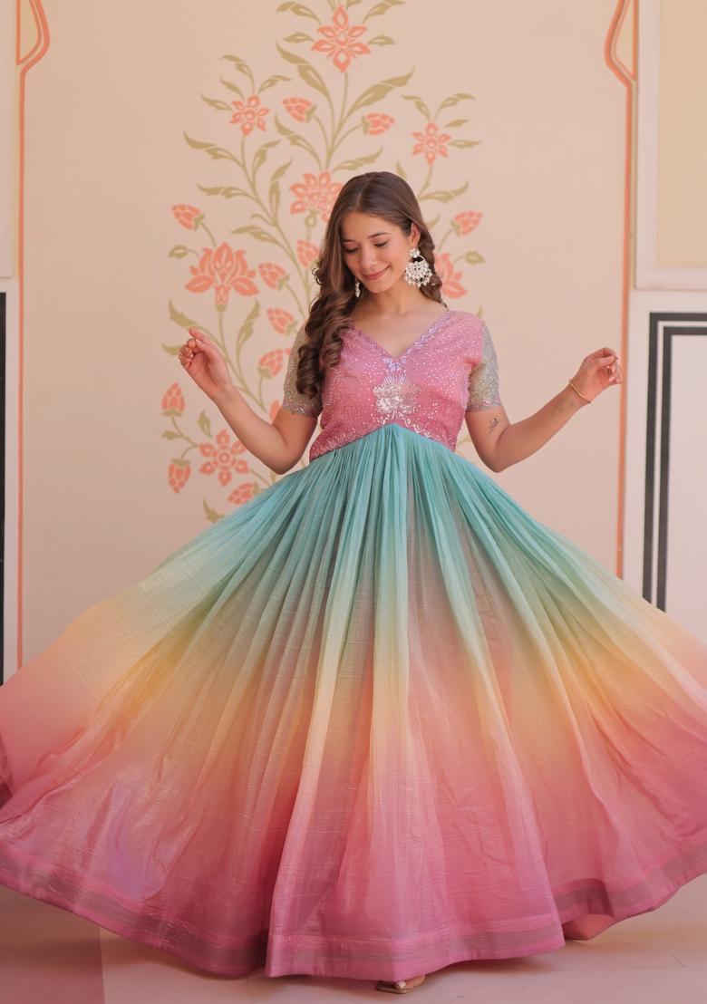 Lavender Beads Embroidered Silk Gown