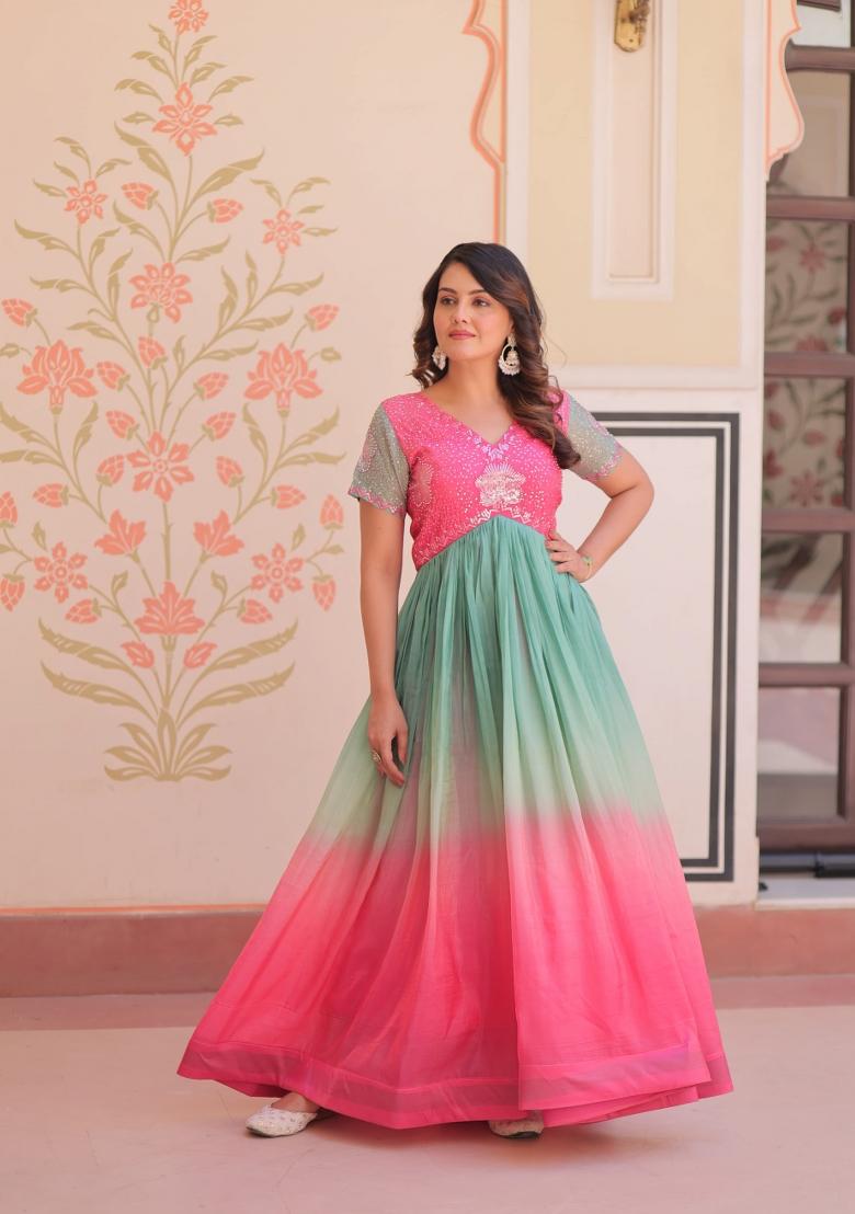 Pink Beads Embroidered Silk Gown