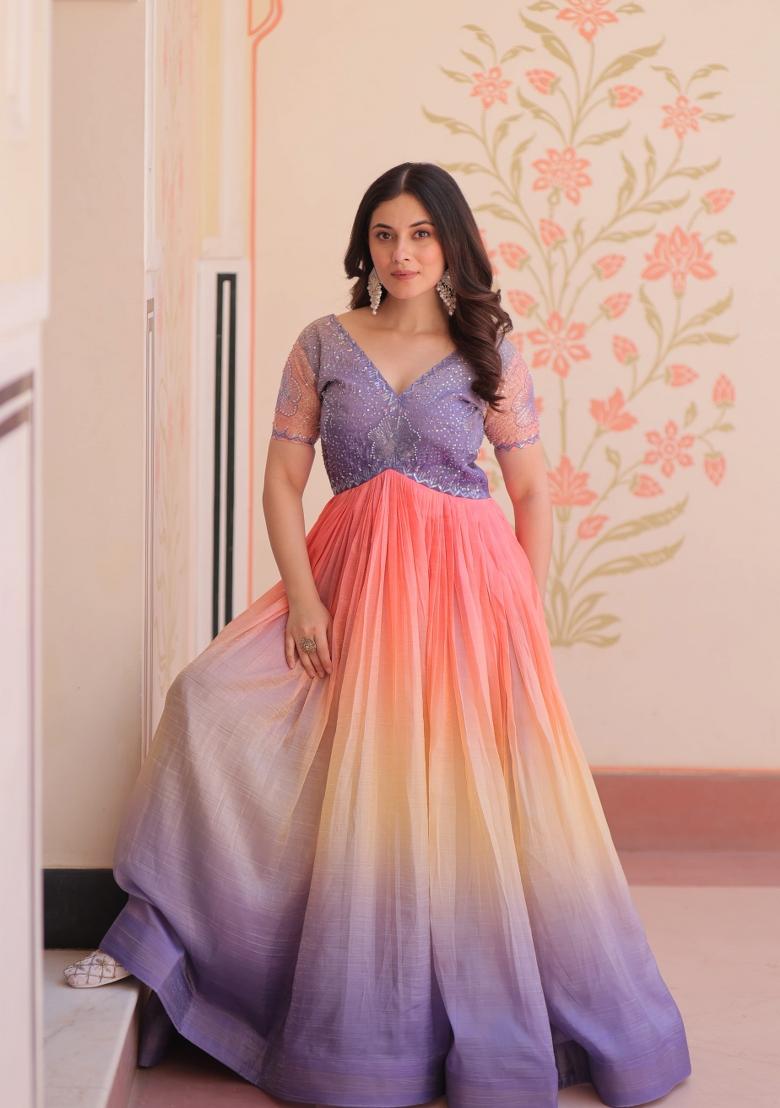 Purple Beads Embroidered Silk Gown