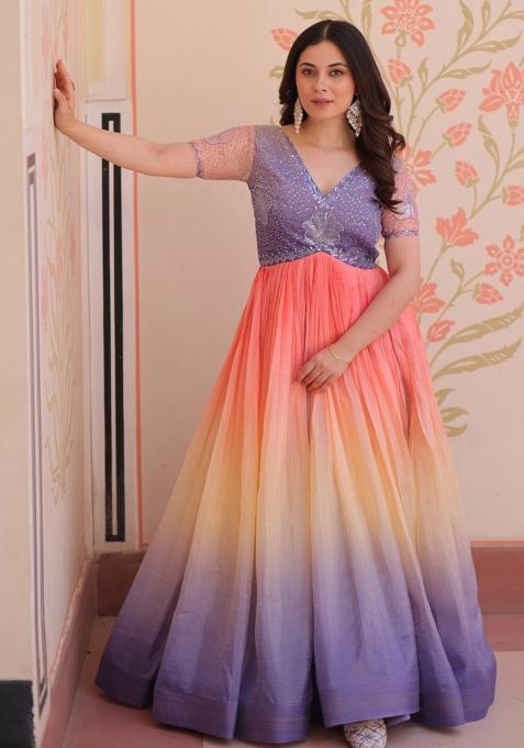 Purple Beads Embroidered Silk Gown