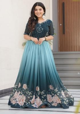 Teal Blue Beads Embroidered Georgette Gown