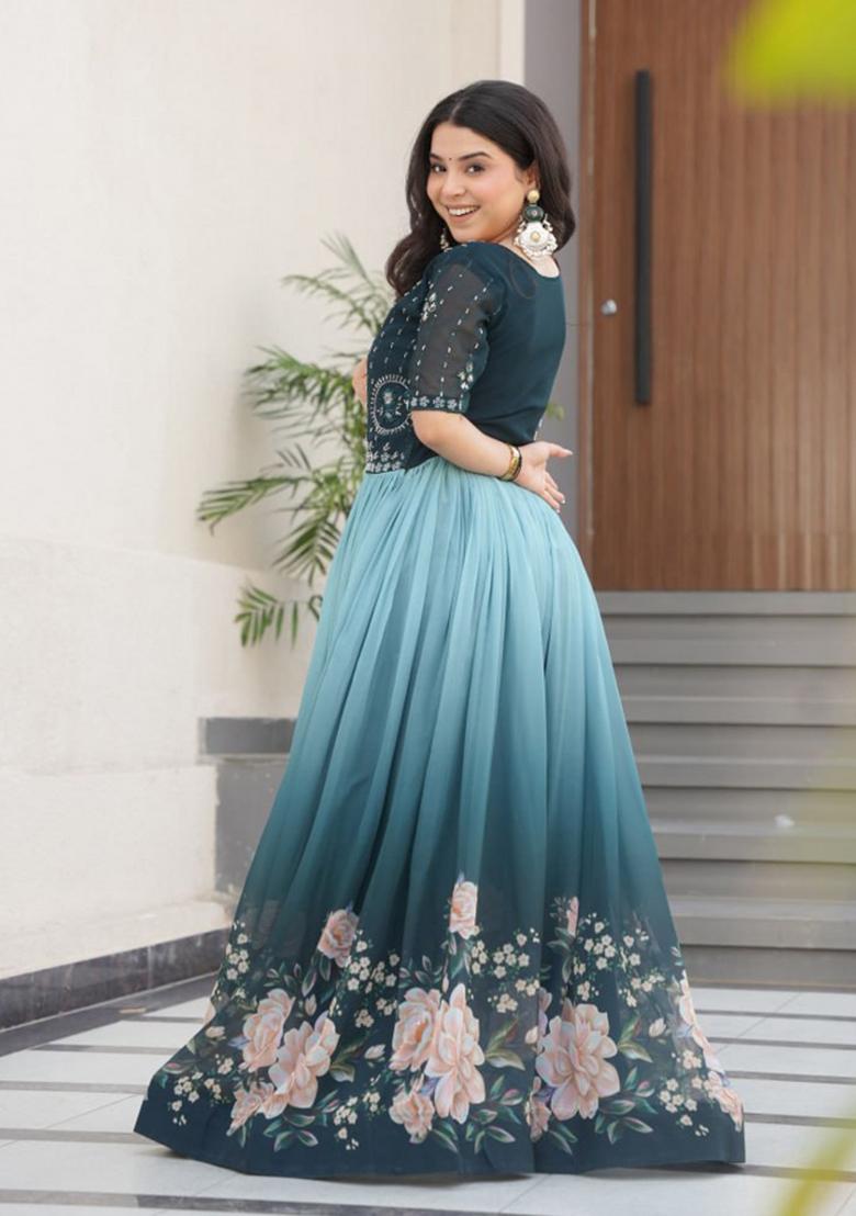 Teal Blue Beads Embroidered Georgette Gown