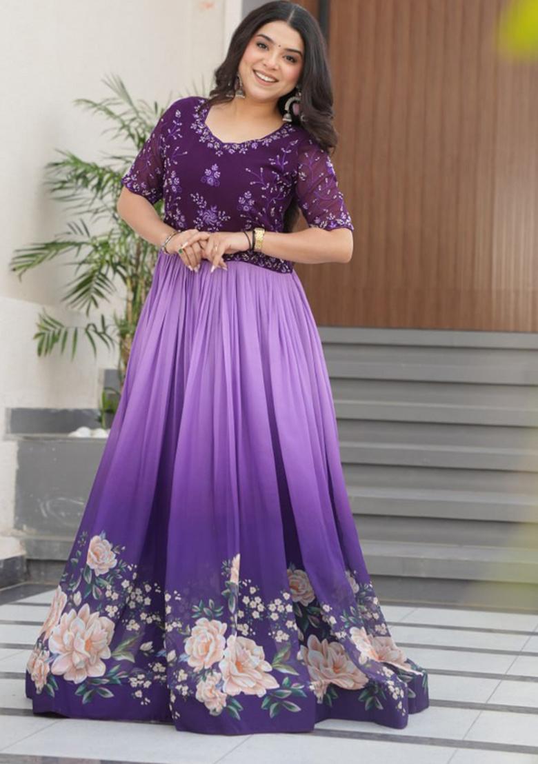 Purple Beads Embroidered Georgette Gown