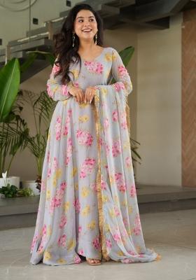 Light Grey Digital Printed Georgette Anarkali Set With Dupatta