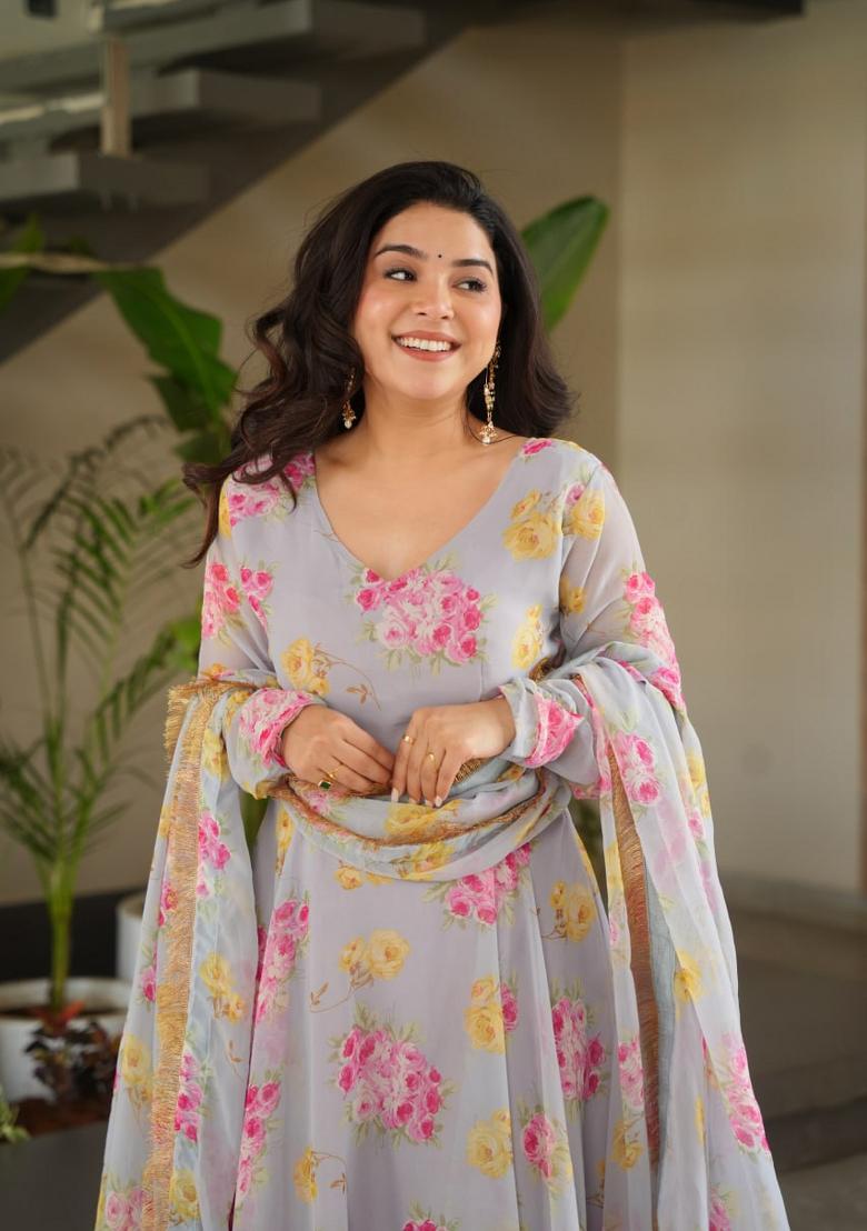 Light Grey Digital Printed Georgette Anarkali Set With Dupatta