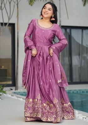 Lavender Embroidered Chinon Silk Anarkali Set With Dupatta