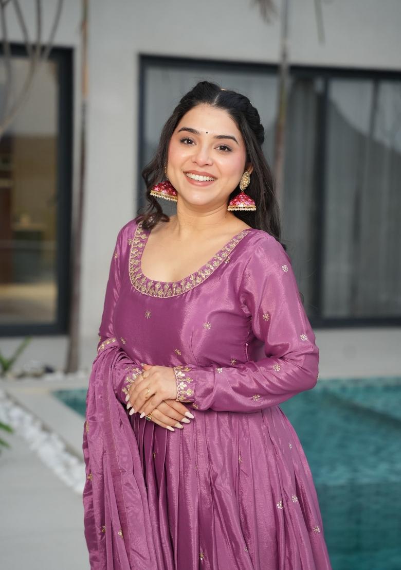 Lavender Embroidered Chinon Silk Anarkali Set With Dupatta