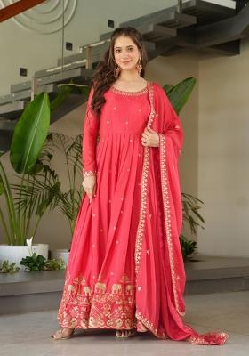 Gajri Pink Embroidered Chinon Silk Anarkali Set With Dupatta