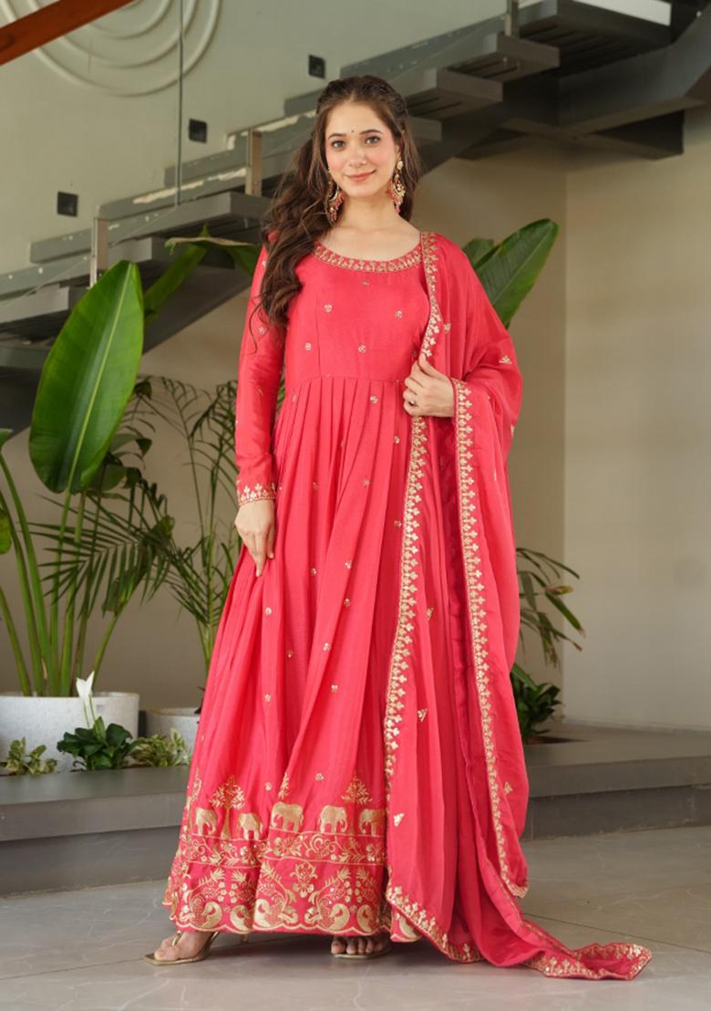 Gajri Pink Embroidered Chinon Silk Anarkali Set With Dupatta