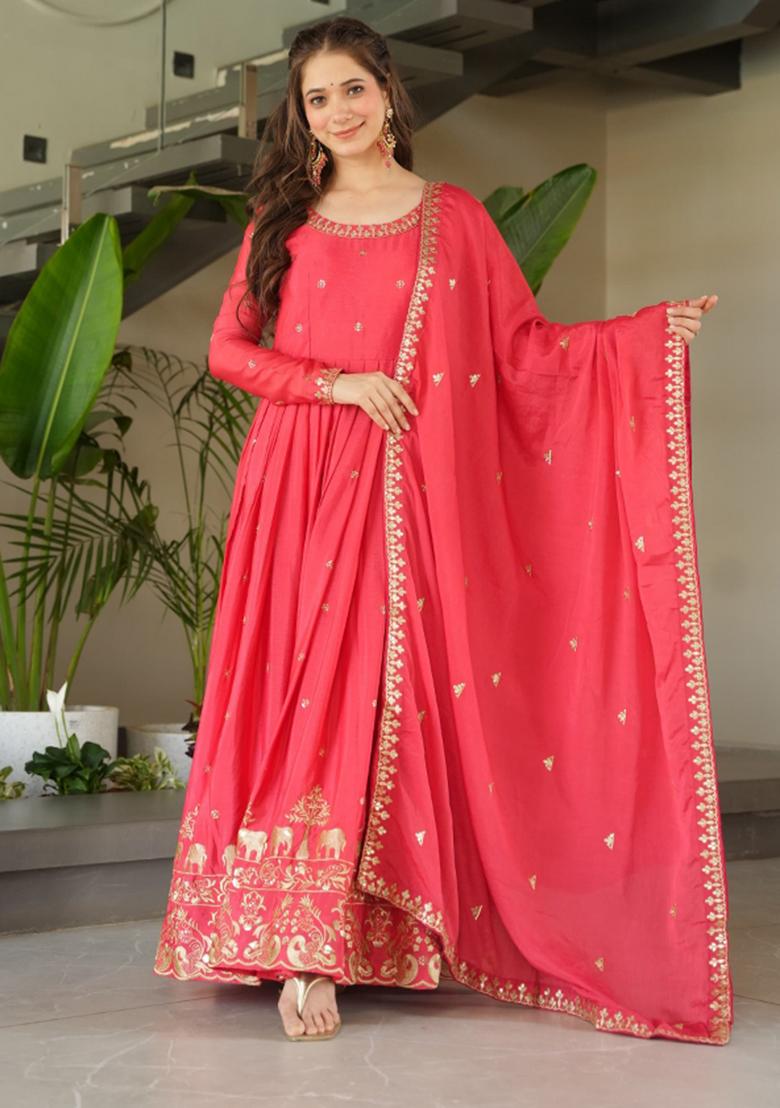 Gajri Pink Embroidered Chinon Silk Anarkali Set With Dupatta