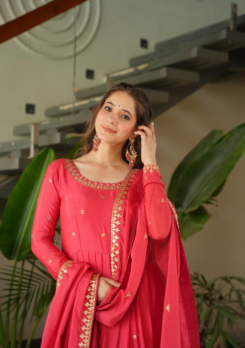 Gajri Pink Embroidered Chinon Silk Anarkali Set With Dupatta