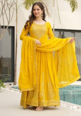 Yellow Embroidered Georgette Anarkali Set With Dupatta