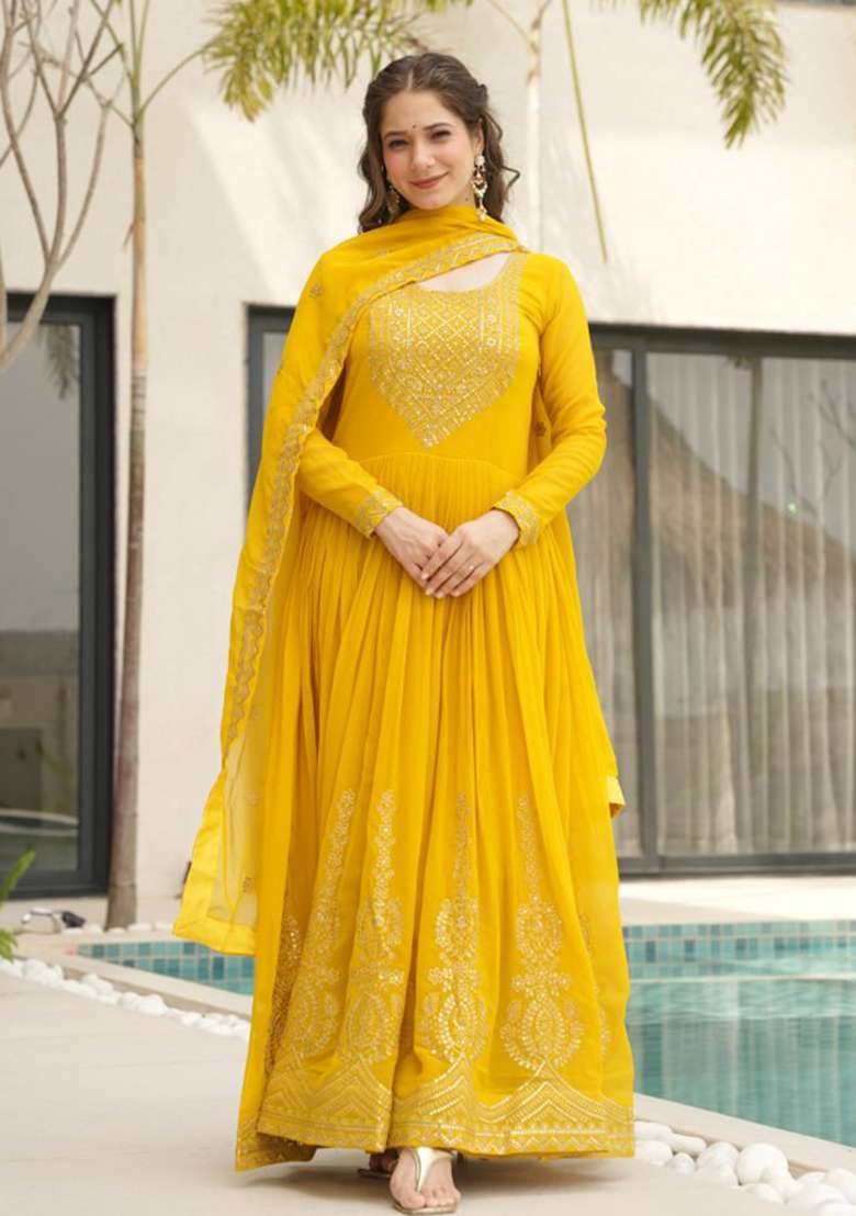 Yellow Embroidered Georgette Anarkali Set - Indya
