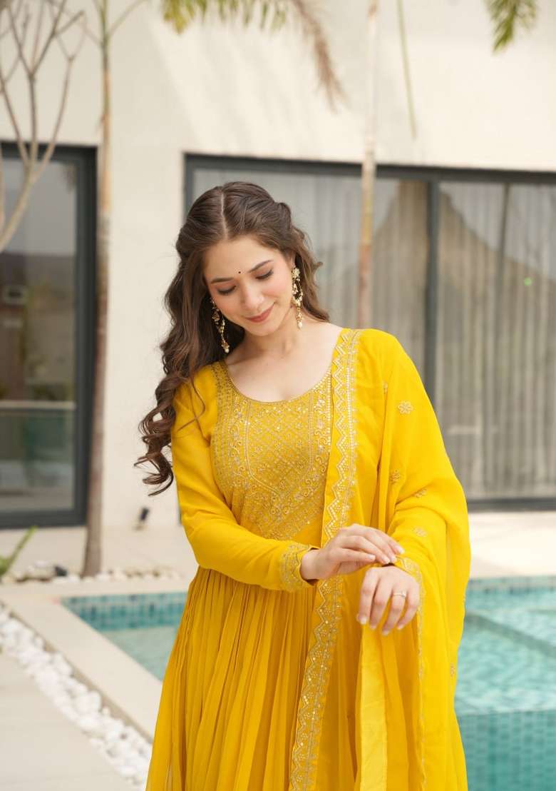 Yellow Embroidered Georgette Anarkali Set - Indya