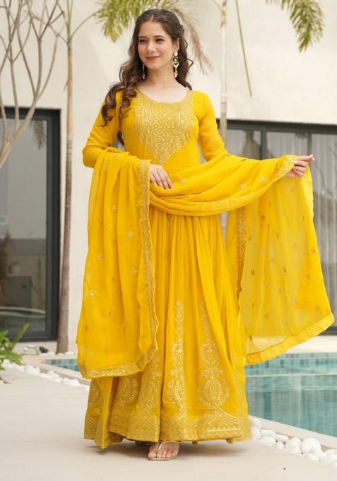 Yellow Embroidered Georgette Anarkali Set With Dupatta
