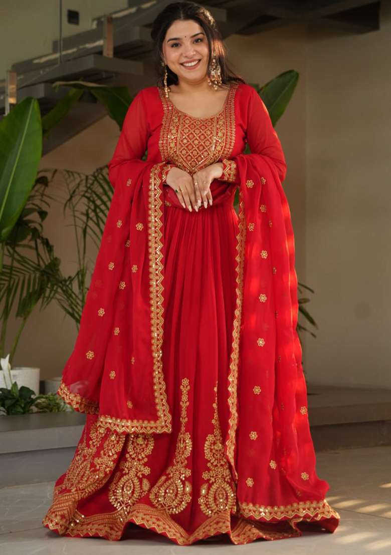 Red Embroidered Georgette Sharara Set - Indya