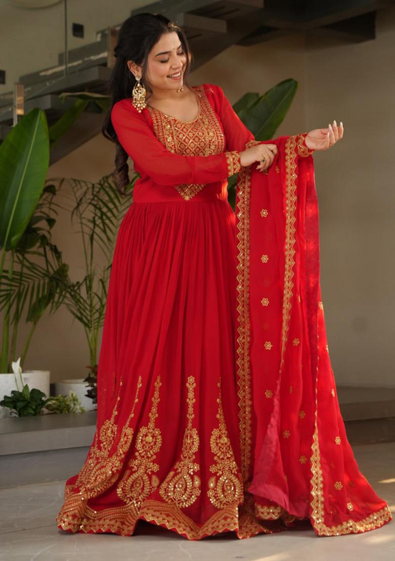 Red Embroidered Georgette Anarkali Set With Dupatta