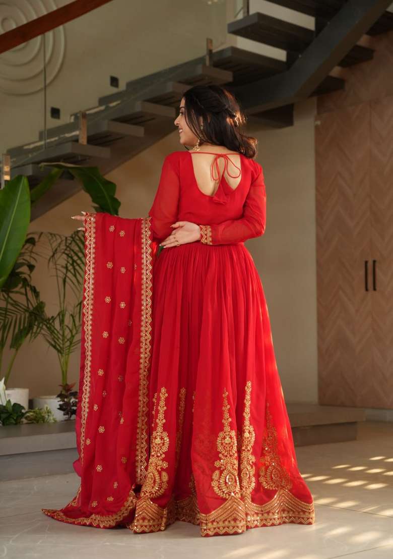 Red Embroidered Georgette Sharara Set - Indya